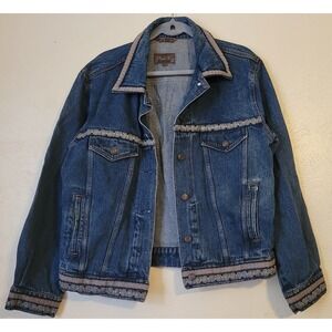 BT Limited Denim Jacket Womens Large Boho Western Trim Button Front
